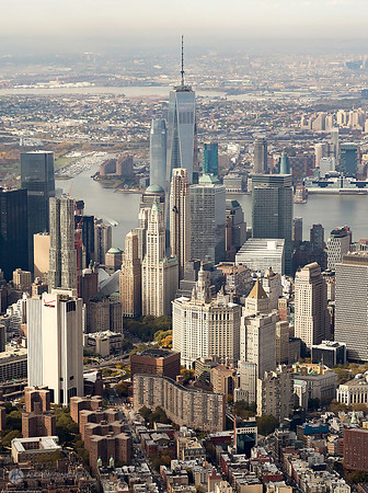 "Aerial view of downtown Manhattan and the Freedom Tower"
