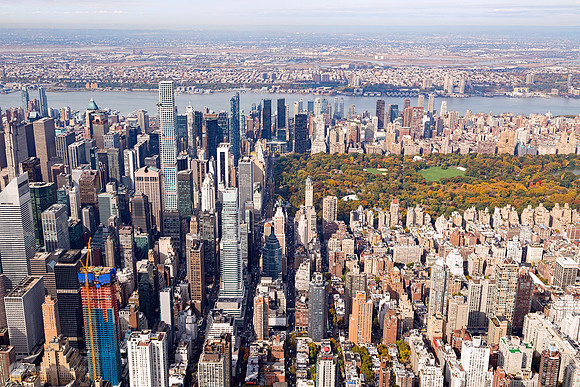 "Aerial view of Central Park autumn foliage and the Hudson River"