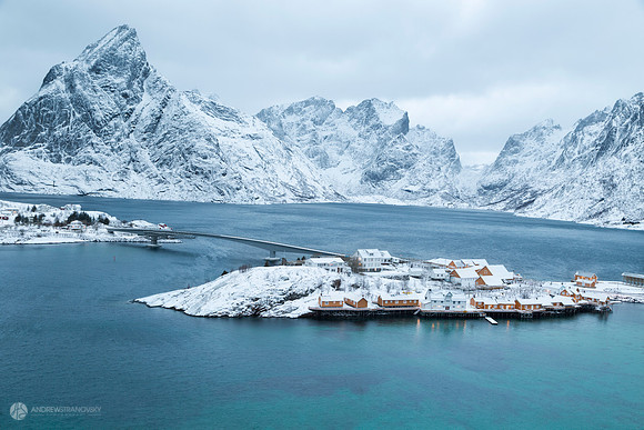 Yellow fishermen cabins of Sakrisoy, in the Lofoten Islands in Norway