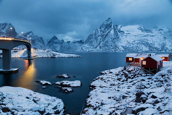 Hamnoy, Norway: A view of the Eliassen Rorbuer cabins during blue hour